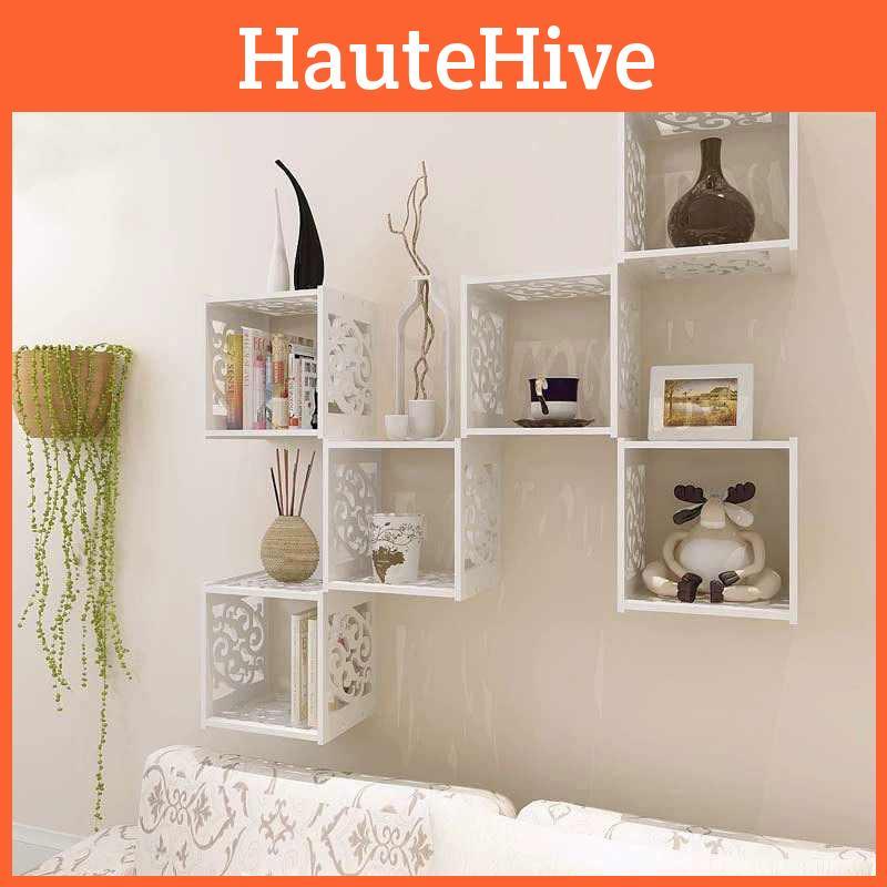 Contemporary Wooden Wall Shelf With Modular Grid Design For Bedroom Storage And Decor