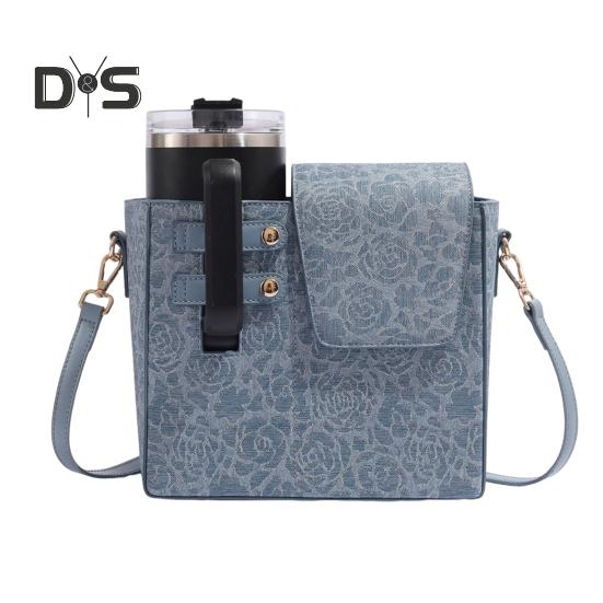 

Сумка-чехол с подстаканником, вместительная, для бутылок с водой, регулируемый ремень, карман для телефона, однотонная, портативная, сумка через плечо для поездок на работу синий