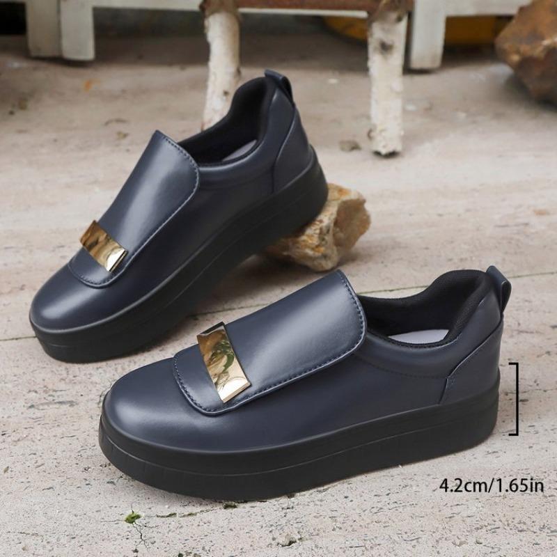 New Autumn European American Style Women's Thick Soled Solid Color Metal Flat Casual Shoes
