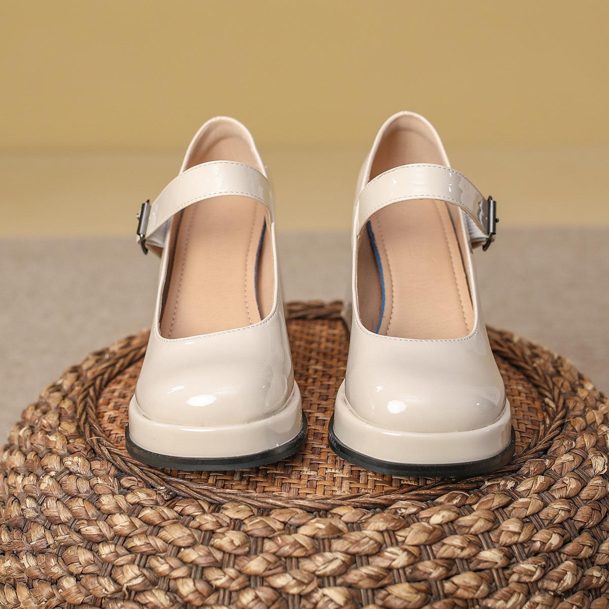 

Sheepskin version high heels women s wedding shoes French word belt Mary Jane shoes waterproof table thick heel single shoes temperament bridesmaid 39
