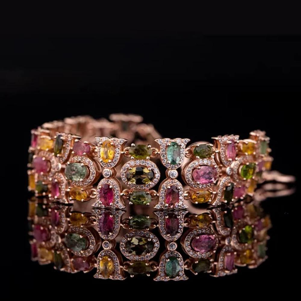 Women Jewelry Set Gaia Goddess Style Natural Looking Bracelet with Diamond Rose Ring Rainbow Color