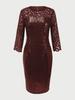 Women's European & American Round Neck Shiny Slim Party Dress with Mesh Three-Quarter Sleeves