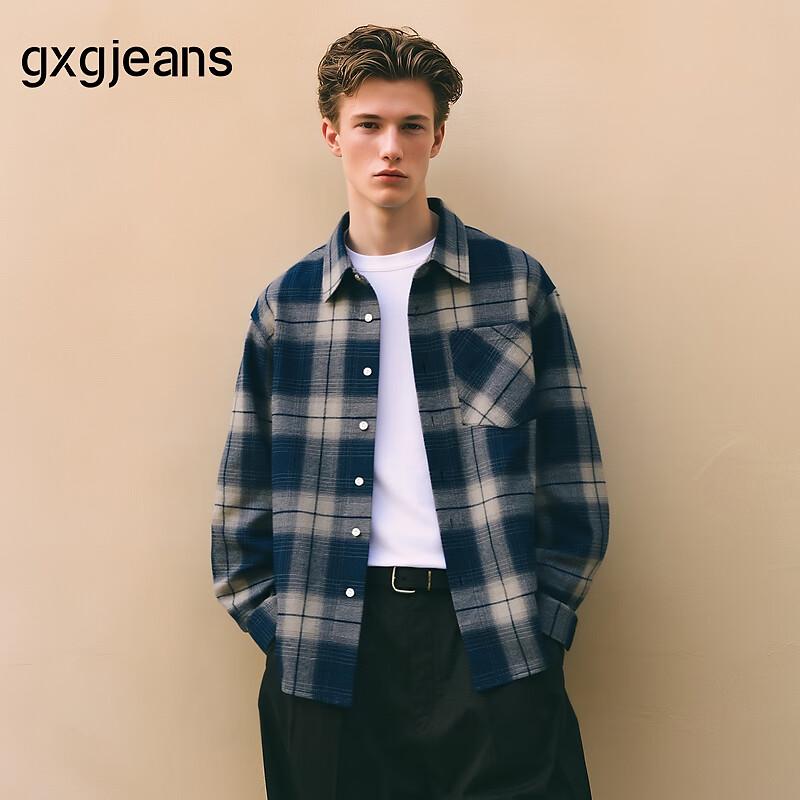 Gxgjeans Men s Blue Plaid Relaxed Fit Long Sleeve Shirt M
