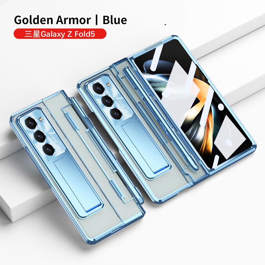 Plating Clear Armor Hinge Case for Samsung Galaxy Z Fold 6 5 4 3 with Touch Pen 360 Full Protector Shockproof Kickstand Cover