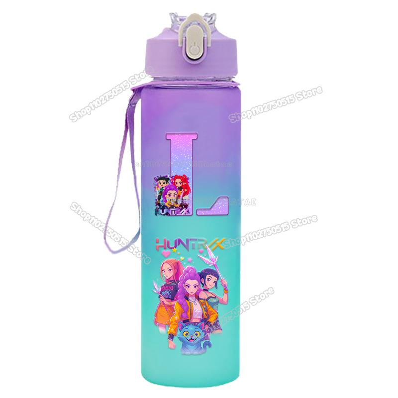 

High Quality KPop Demon Hunters Gradient Water Bottles 750ml Movie Girl Letter A-Z Straw Drink Cups Portable High-capacity Outdoor Bottle