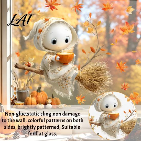 Cute Ghost Pumpkin Decals Autumn Ghost/Gnome Static Glass Sticker PVC Waterproof Maple Leaves Window Removable Party Supplies Decal Cling