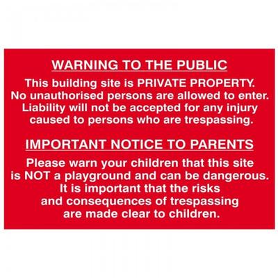 Scan Building Site Warning To Public & Parents - Pvc Sign 600 X 400mm