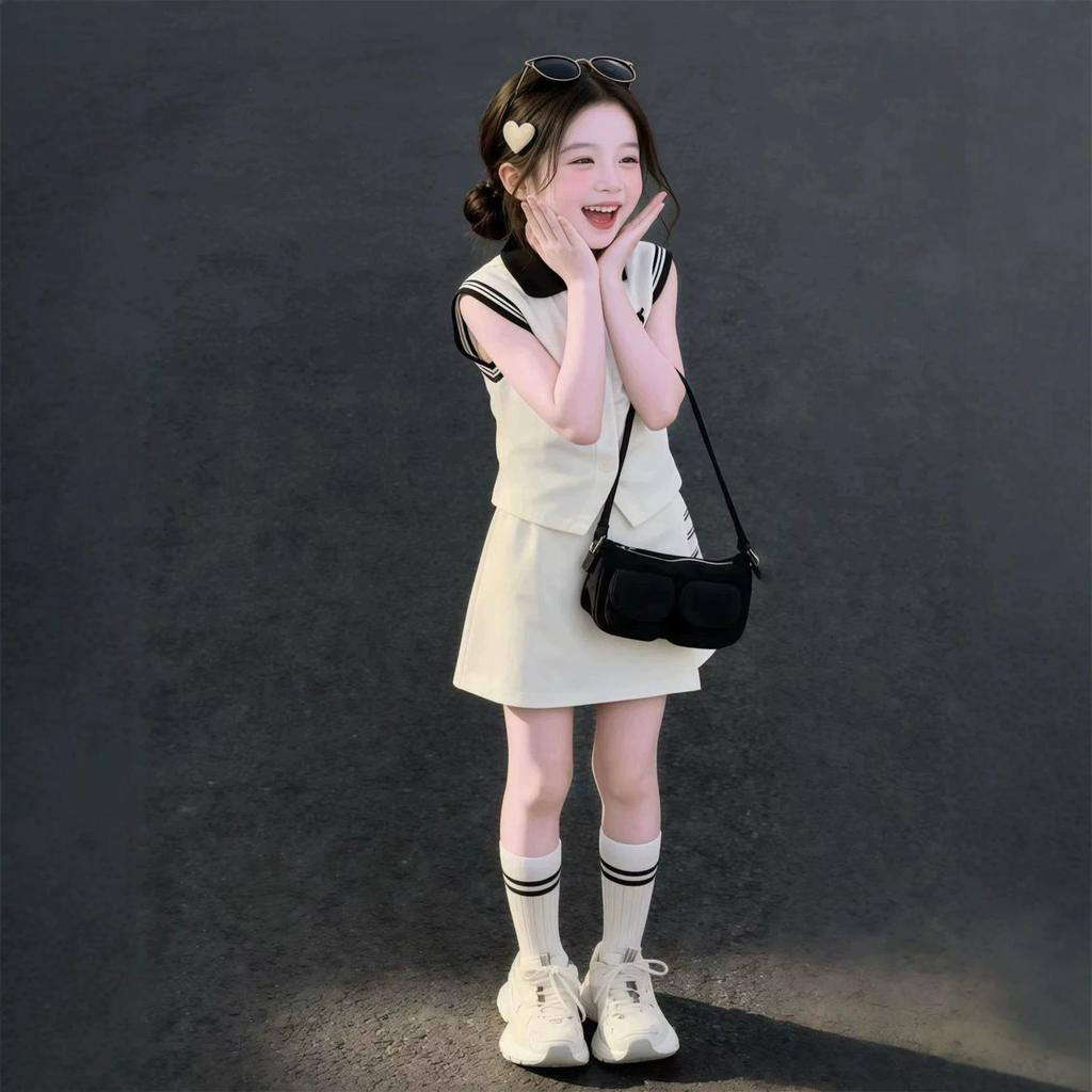 Girls' Summer Style Polo Collar Vest & Skirt Two-Piece Set - Trendy Korean-Inspired Outfit