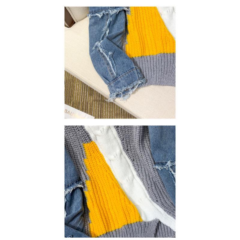 Maglietta invernale oversize da donna, maglione in denim con scollo a V, pullover patchwork, maglia basic blu alla moda, maglione largo