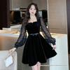 Women's Black Velvet Long Sleeve Mini Dress - Square Neck, Slimming A-line, Hepburn Style, Autumn