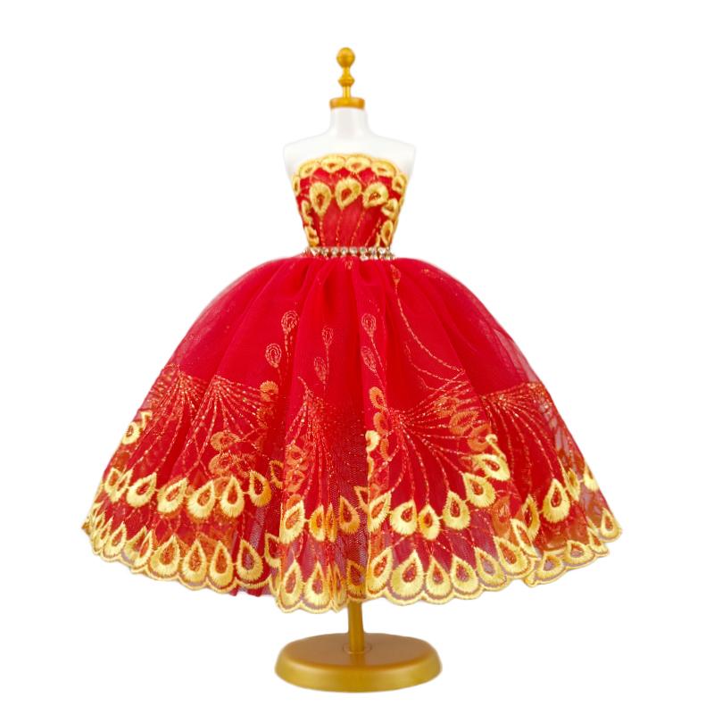 

Бальное платье с трехслойной юбкой для куклы Барби золотистый/красный