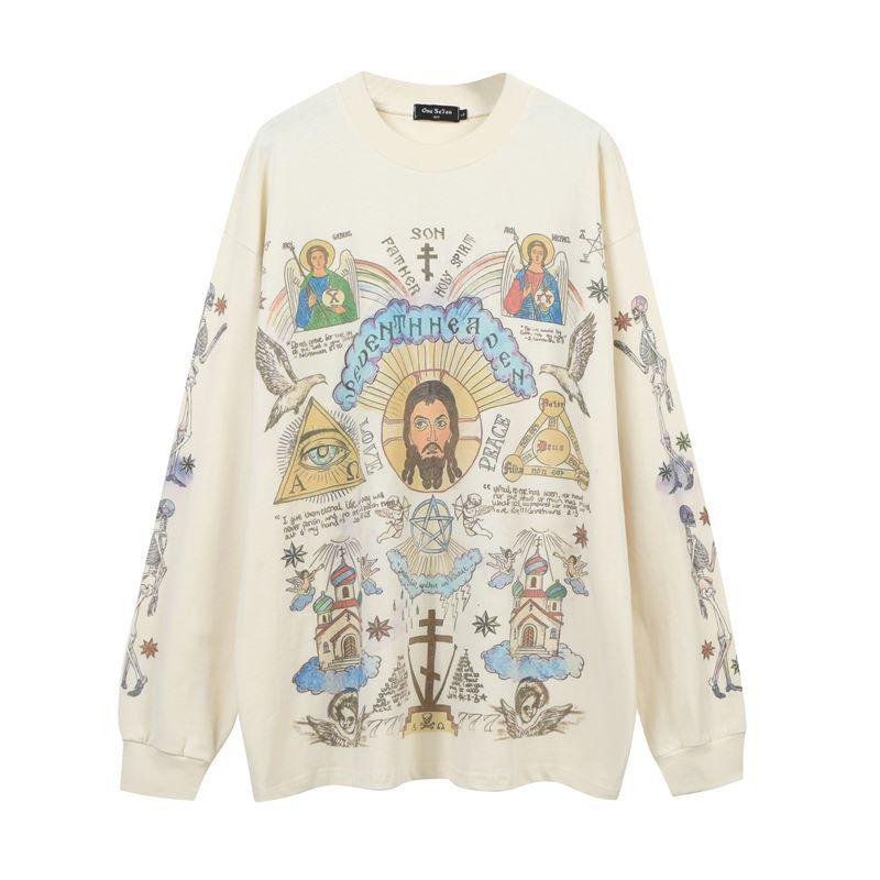 American Street Oversize Graffiti Long-Sleeved Bottom T-Shirt Men'S And Women'S Vibe Hip-Hop Trendy Long Tee Shirt