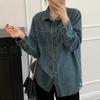 Womens' Korean Retro Denim Long-Sleeve Shirt, 2025 Spring/Autumn Collection - New High-End Washed Slimming Petite Fit