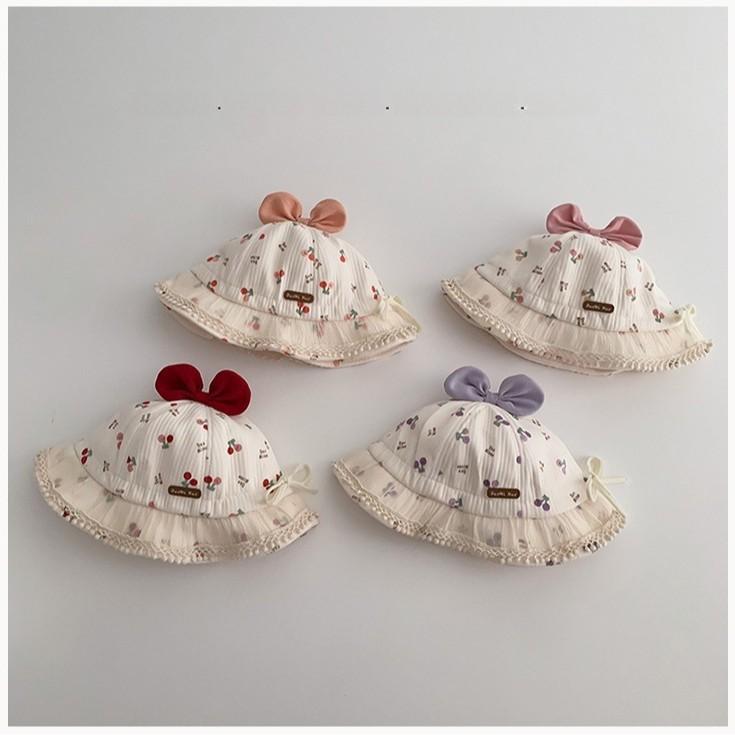 Baby Girl Floral Bucket Hat With Bowknot And Double Cherry Pattern Stylish Sun Hat For Infants And Toddlers
