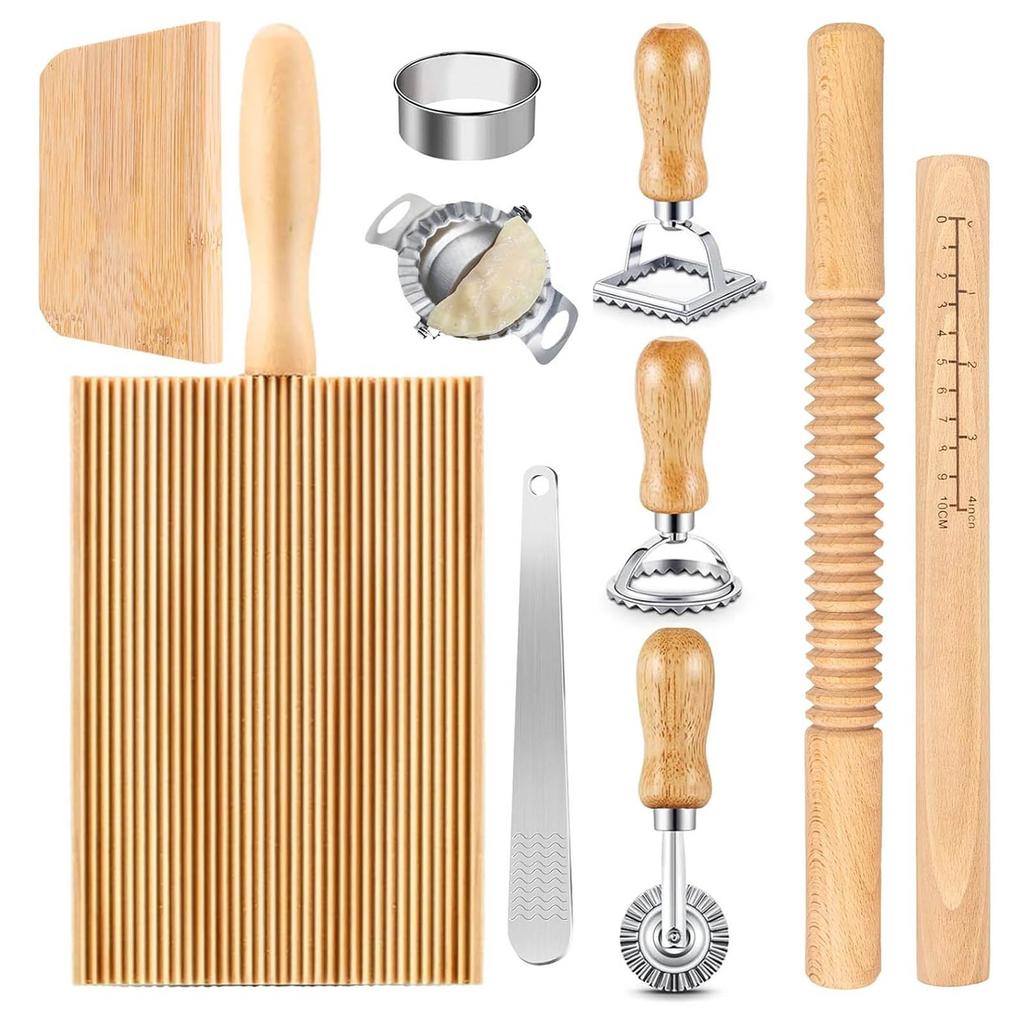 Pasta Tool Set Wood Threaded Rolling Pin Dough Scraper Gnocchi Board Dumpling Maker Suitable for Kitchen Cooking