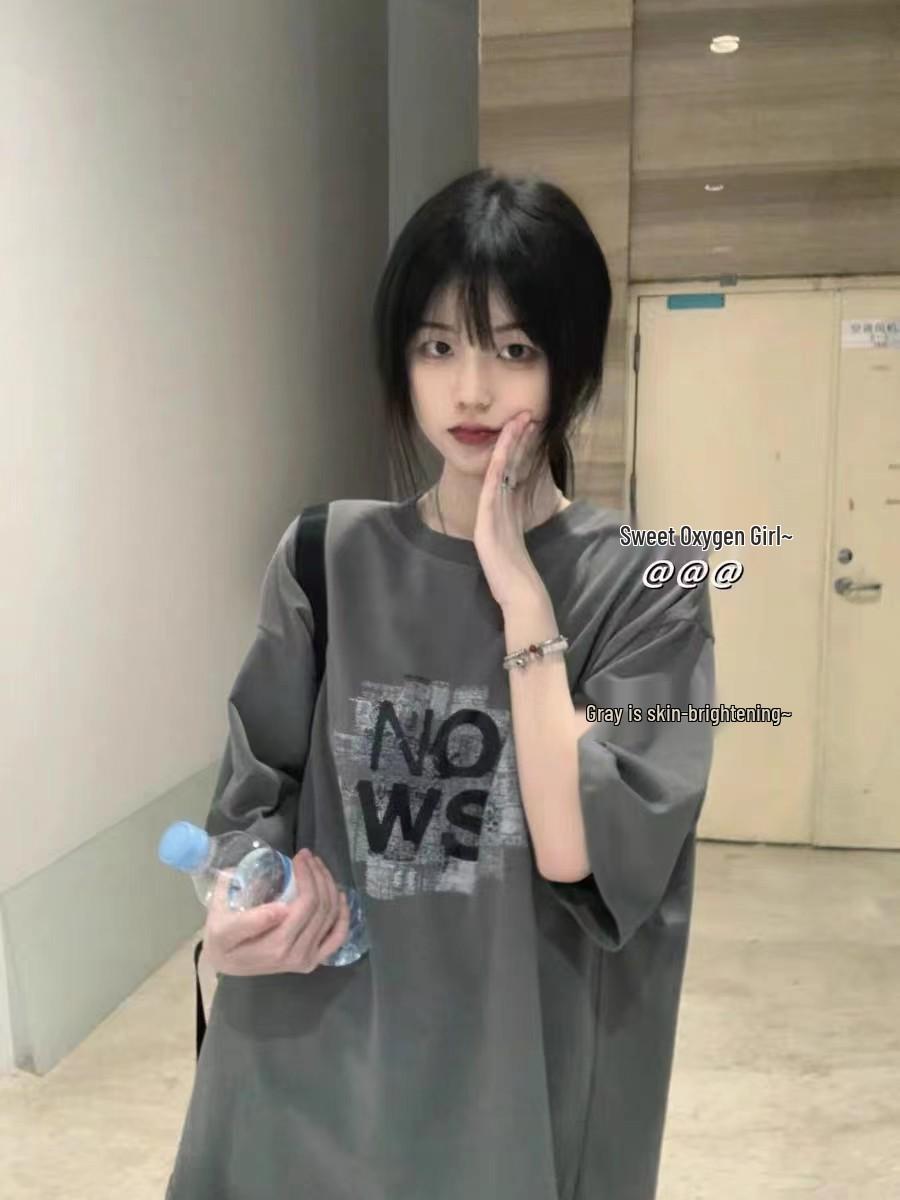 

Retro Plus Size Women s Off-Shoulder Loose Cotton T-shirt L (101-115 jin) темно-сірий