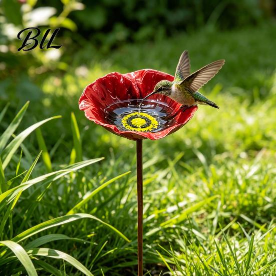 Bee Watering Station Metal Flower Yard Stake Handmade Ground Insert Bird Butterfly Water Bath Feeder Drinking Bowl Outdoor Decor for Garden Lawn