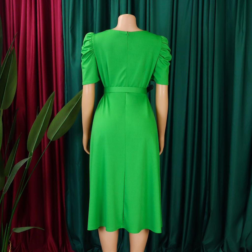 Women Elegant Dresses Belt Waisted Pleated Mid Calf Fashion Ladies 2026 New V Neck Short Sleeve Birthday Party Dress