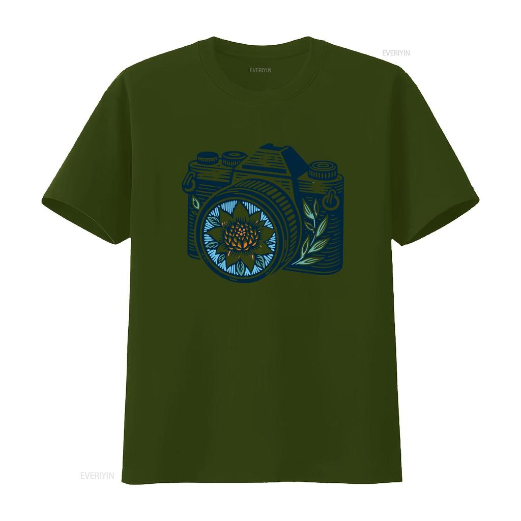 Vintage Boho Floral Camera Print Casual Photography Lover T Shirt vintage Washed fashion streetwear Slightly Breathable