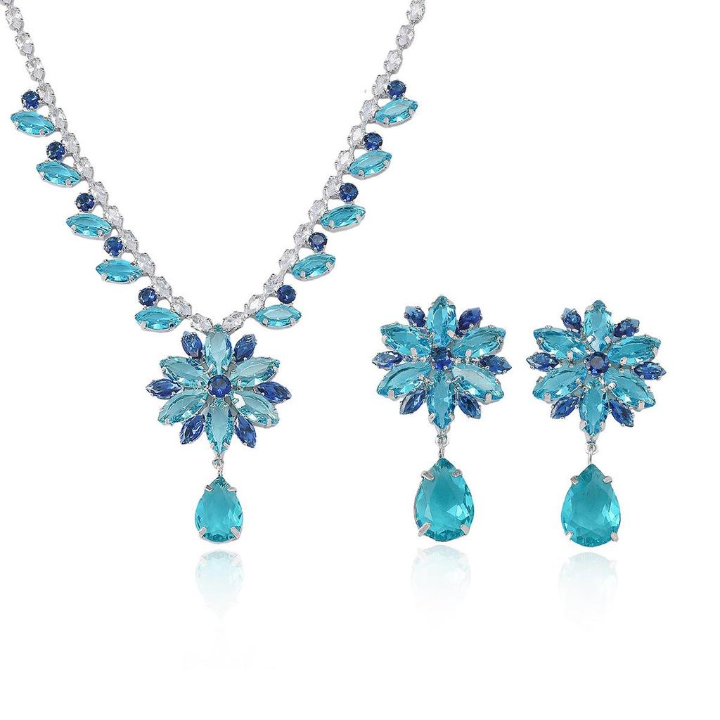 European Style Zircon Blue Flower Tassel Necklace & Earrings Set
