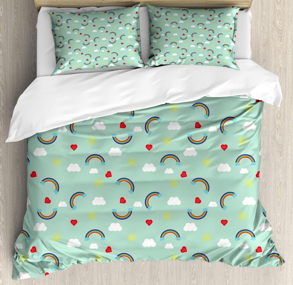Lovely Rainbow Duvet Cover Sun Crown Cloud Rain Bedding Set Stick Figure Art Comforter Cover Kids Bedroom Polyester Quilt Cover