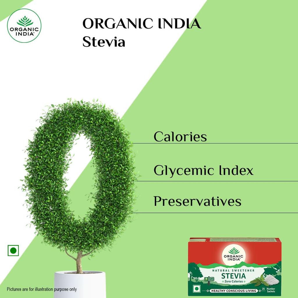 Organic India Stevia Powder 25 Sachets Natural Plant-Based Sugar-Free Sweetener Zero Calories Low Glycemic
