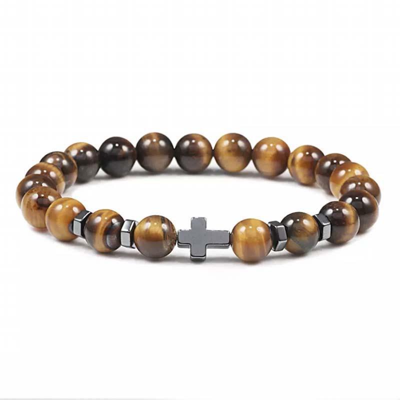 Kirykle 8mm Naturvulkanstein Tigerauge Weiße Kiefer Schwarzer Gallenstein Kreuz Perlen Herren- und Damenarmband Yoga-Schmuck