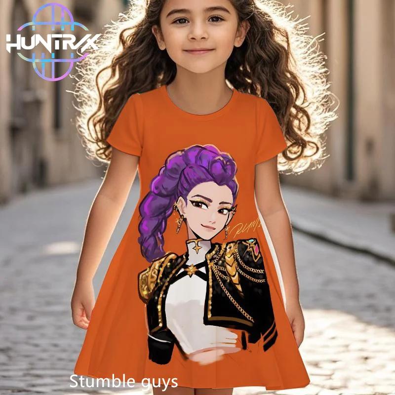 Kpop Demon Hunters Anime Girls Dress Breathable Summer Kids Cartoon Short Sleeve Beach Sundress Casual Nightgown