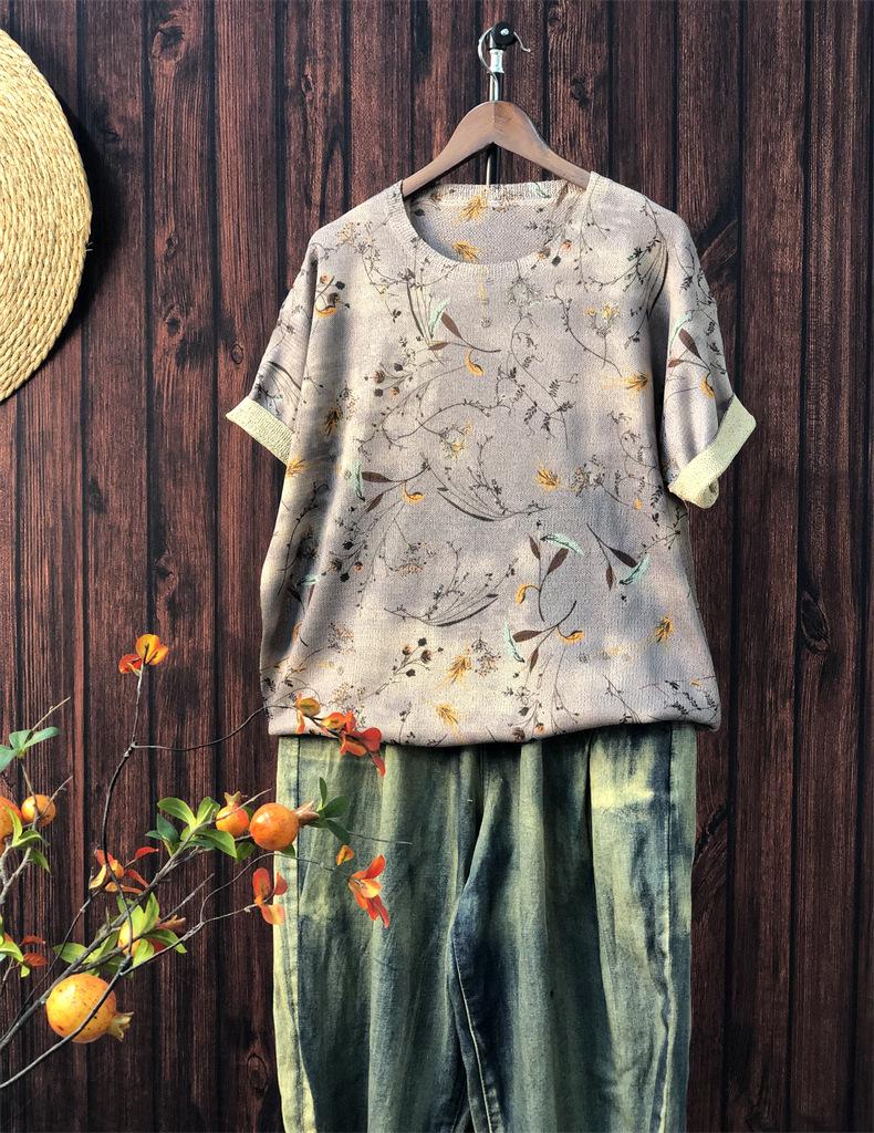 

Лето 2024 Смесь льна Ретро принт Свободный Большой размер С коротким рукавом Женский свитер One Size: 80-140 kg