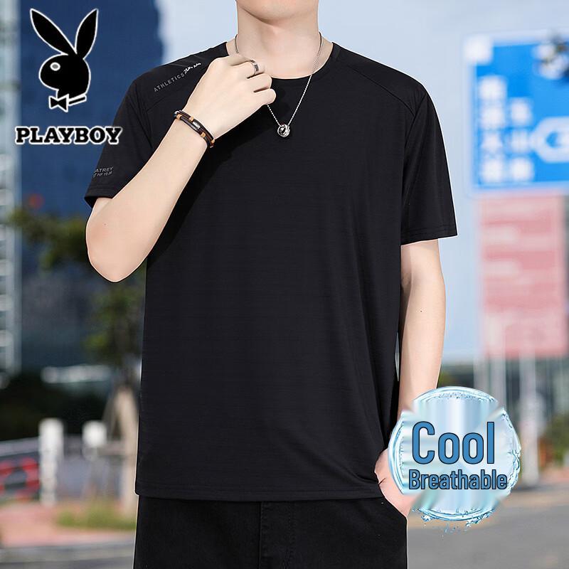 PLAYBOY Men s Ice Silk Round Neck T-Shirt 7XL чёрный
