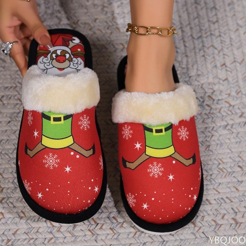 Christmas Casual Women's Slippers 2024 Winter Fabric Cartoon Design Waterproof Cap Anti Slip Flat Slippers Warm Wear-resistant