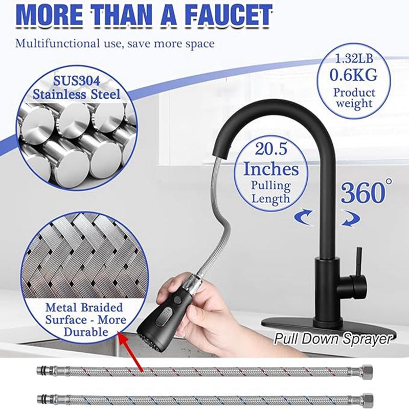 Matte Black Kitchen Sink Faucet Pull Out Kitchen Sink Mixer Tap Stream Sprayer Head 360° Rotation Hot Cold Faucet