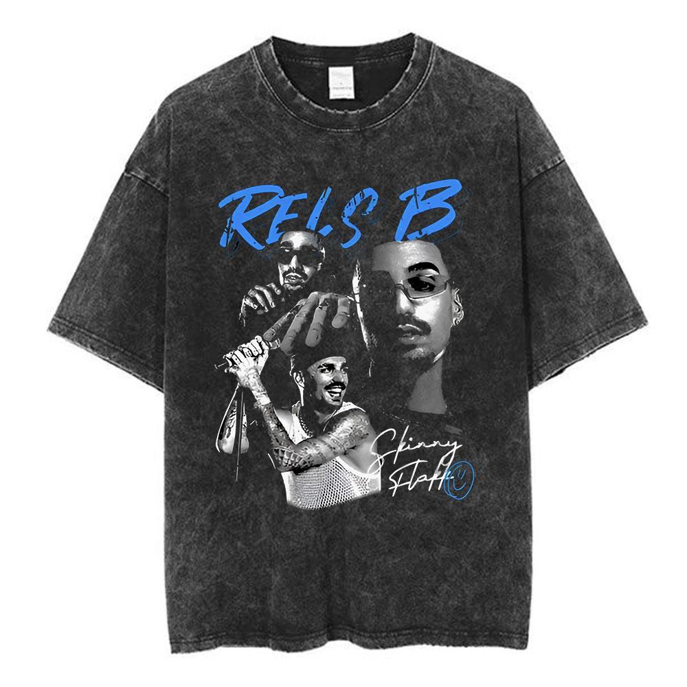Rapper RELS B Skinny Flakk Tour Vintage Gewaschenes T-Shirt Herren Kleidung Hip Hop Übergroßes Kurzarm-T-Shirt Baumwoll-T-Shirts