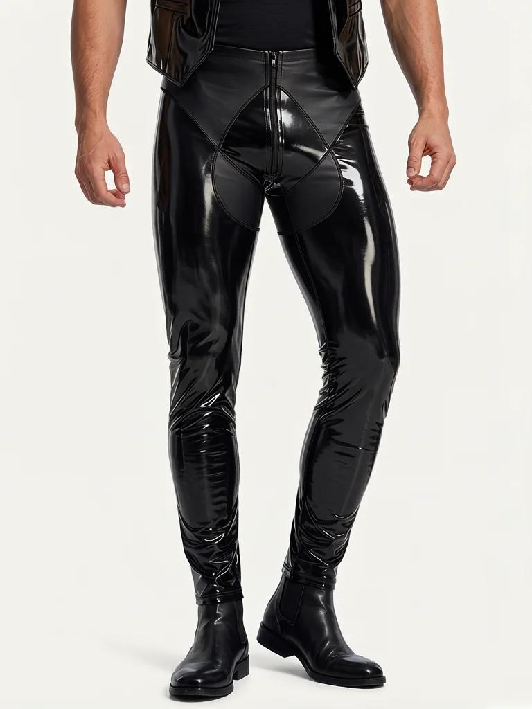 Fashion Men Pu Elastic Pants Latex Double Side Wear Men'S Pencil Pants Stage Dance Legging Slimming Tight Leg Pu Jeans Trousers