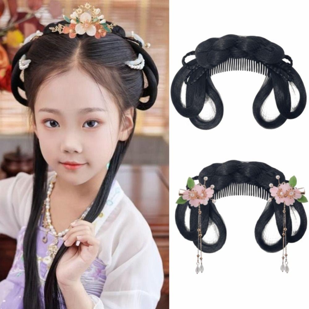 Headdress Girls Chinese Chignon Black Princess Hair Bun Cosplay Wig Integrated Hair Bun  for Kids