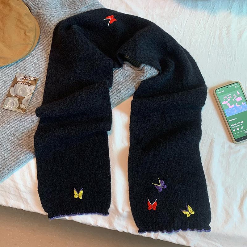 Japanese Style 3D Butterfly Embroidered Scarf - Autumn Winter Women's Knit Warm Neckwear
