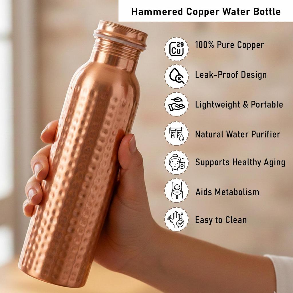 Nirmal Ganga Gehamerd Koperen Fles 1L (Pak van 2) | Puur Koperen Waterfles | Handgemaakt Lekvrij Ontwerp