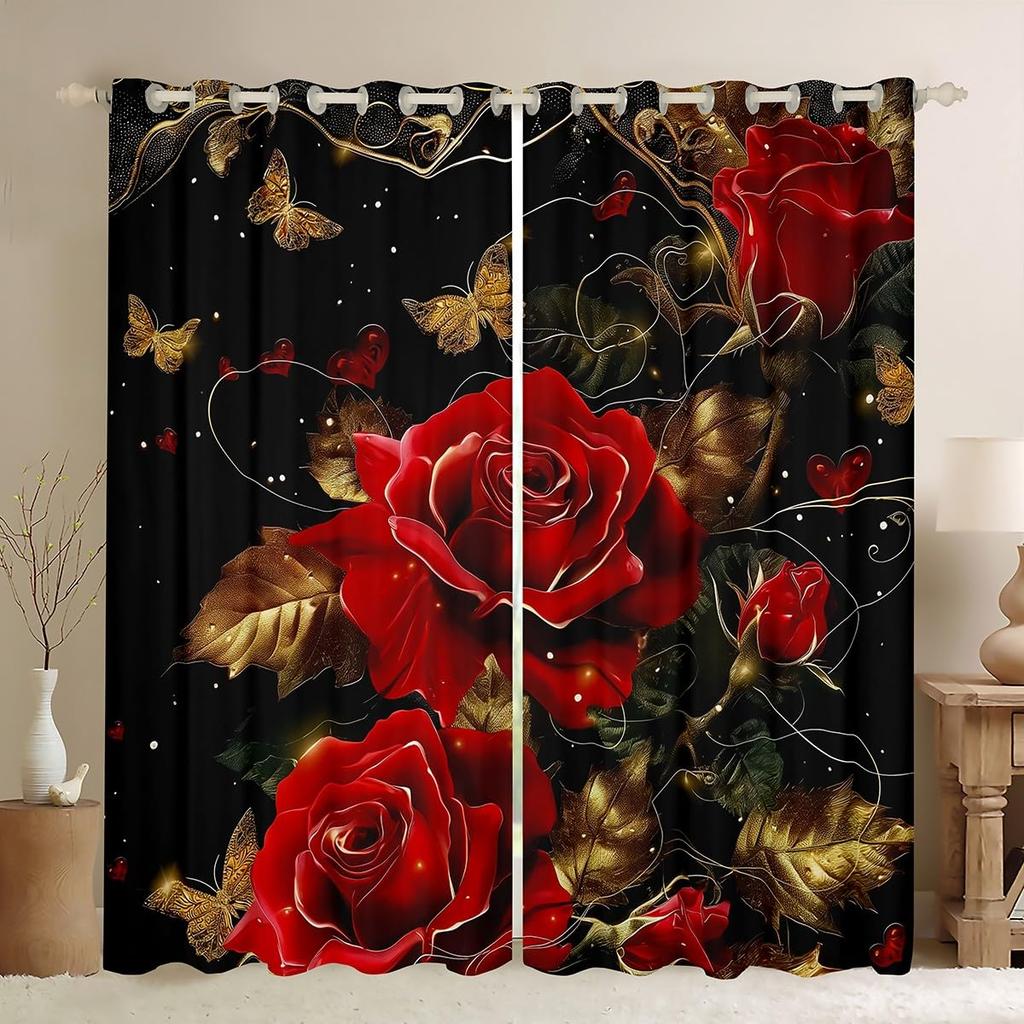 Valentine Day Curtain Red Rose Curtains Drapes Romantic Floral Window Couple Botanical Flower Treatments Polyester