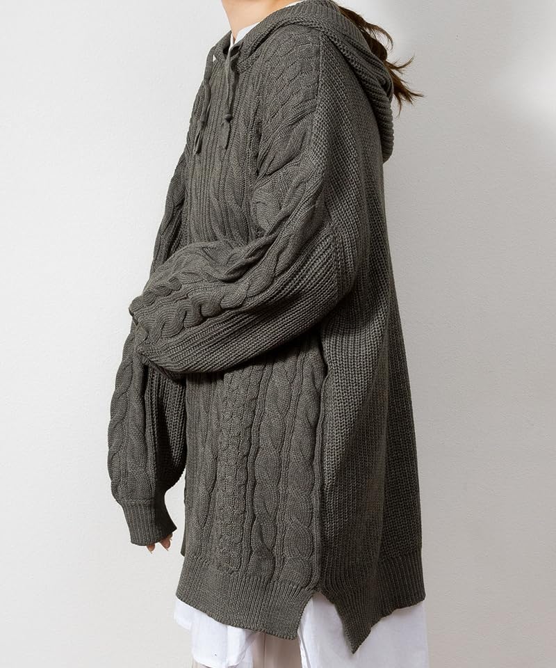Cable Knit Heather ATN-0024 [At One] Women's Hoodie, Gray, LL-3L