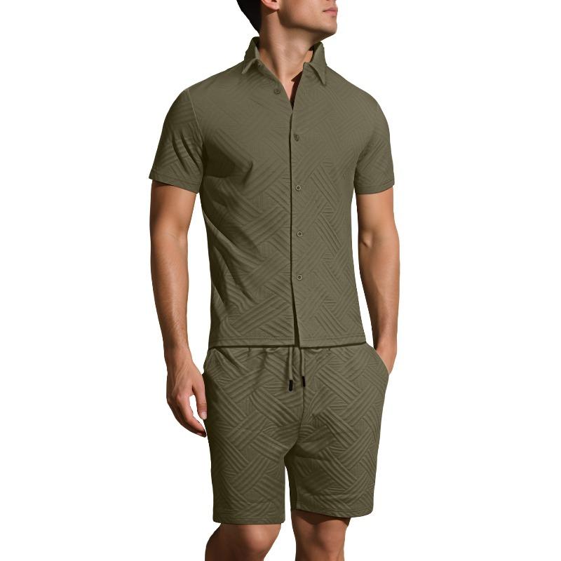 Summer hot sale new men's solid color jacquard shirt casual short-sleeved shorts two-piece set