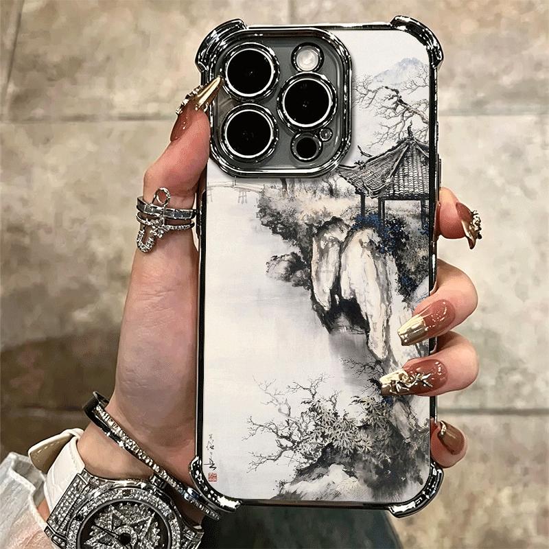Chinese Style Ink Painting Art Soft Phone Case For iPhone 15 16 17 Air 14 Pro Max 16E Plus 13 12 Mini Plating Anti-Fall Fundas