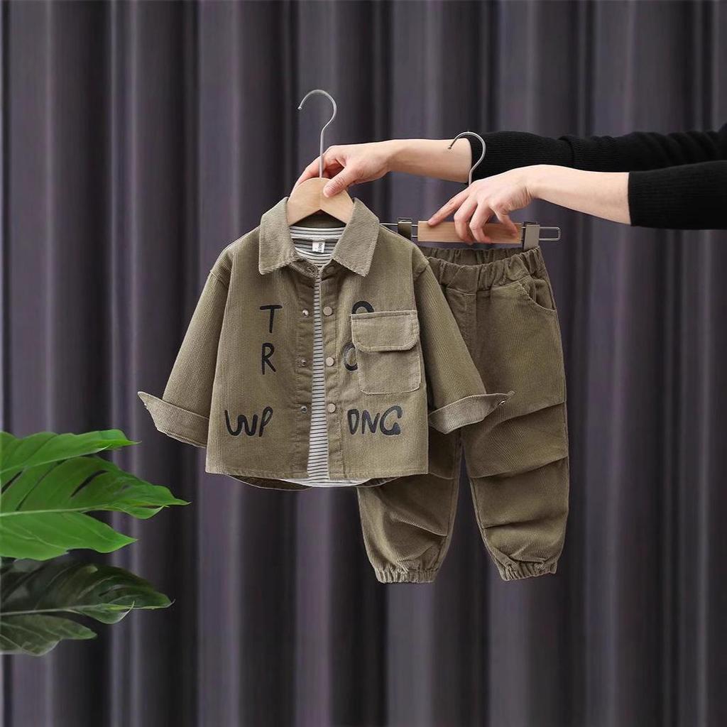 2024 Korean Style Toddler Letter Print Corduroy Sports Set - Spring/Autumn