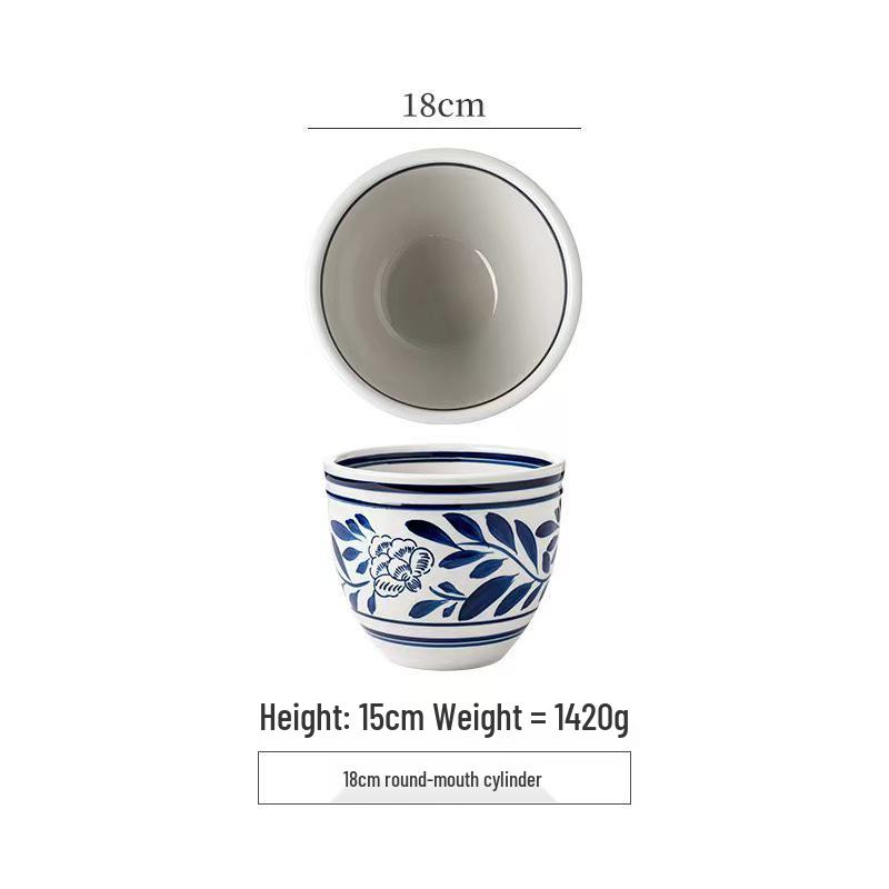 Retro Blue & White Porcelain Double Ear Round Jar - Large Deep Soup or Rice Bowl, Creative Ceramic Tableware for Hotels & Restaurants