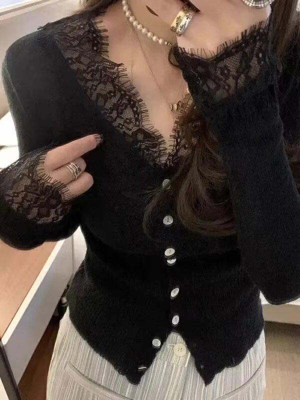 Black Slim Fit V-Neck Lace Trim Cardigan - Women's Long Sleeve Spring Sweater Top