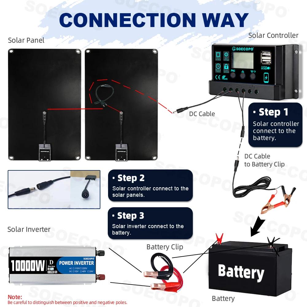 SOECOPO Portable 10000W Home Camping RV Solar System Kit 2×800W 12V Solar Panels, DC 12V To AC 220V Inverter, 100A Controller