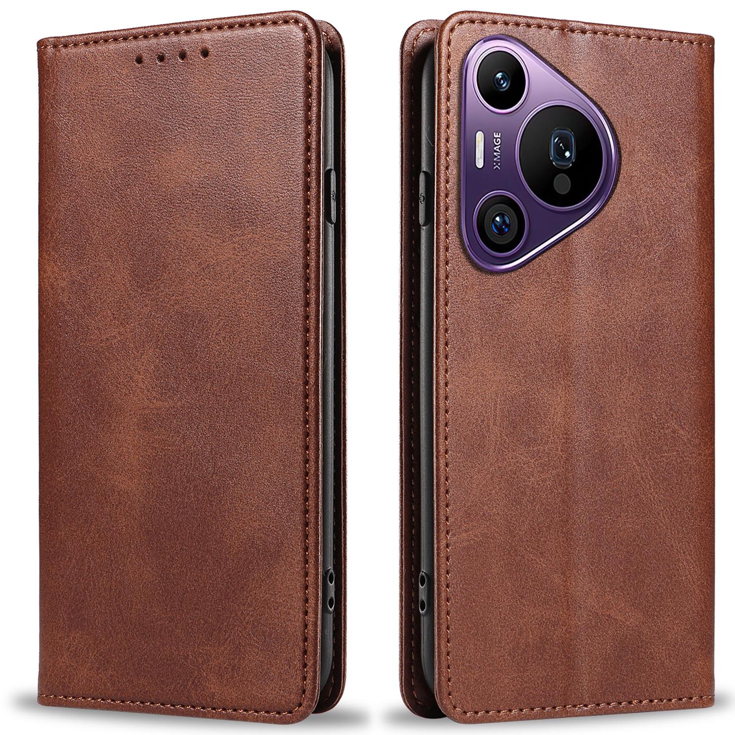 

For Huawei Pura 70 Pro/Pura 70 Pro+ Case Leather Calf Texture Phone Cover Magnetic Absorption Brown
