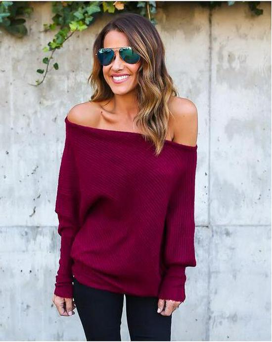 European & American Fall/Winter Sexy Off-Shoulder Batwing Sleeve Knitted Sweater for Women