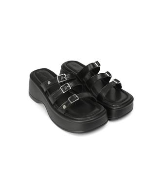 Leathery Bolted Buckle Strap Sandals [Black]