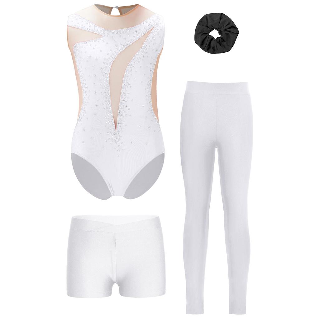 Mädchen Glitzer Strass Turnen Leotard Set Bund Shorts Leggings Kopfbedeckung Eiskunstlauf Outfit
