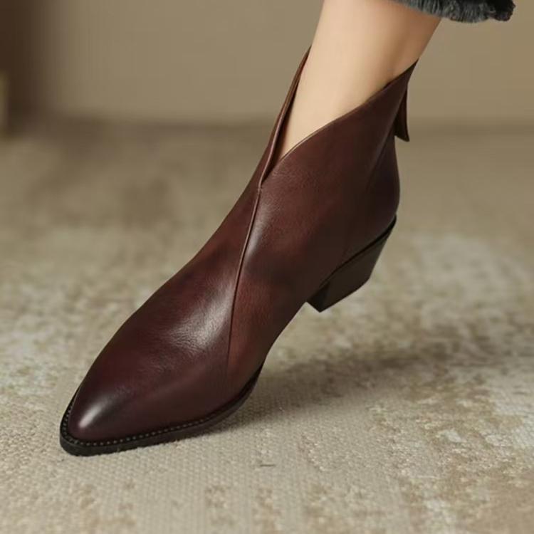 Retro Damstövletter, Modekänga med Spetsig Tå Mellanhög Chunky Klack, Fleecefoder för Höst och Vinter